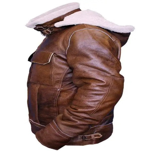 Distressed Brown Shearling Leather jacket With Hoodie for mens Faux Fur