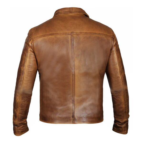 Vintage Shirt Collar Four Pocket Mens Camel Cognac Leather Jacket