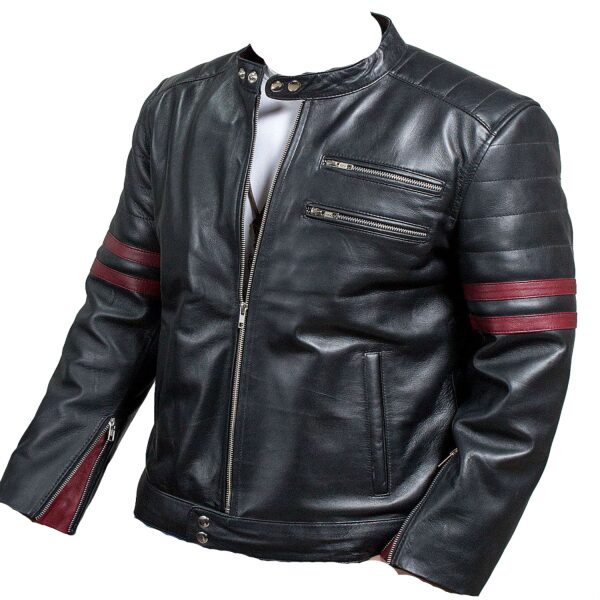 Fight Club Retro Hybrid Mayhem Red Stripe Black Mens Leather Jacket