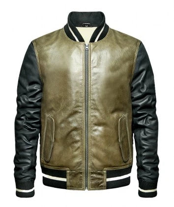 MENS GREEN BOMBER SHEEPSKIN LEATHER JACKET