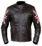 Mens Biker Vintage Distressed Brown Union Jack Cafe Racer Leather Jacket BNWT