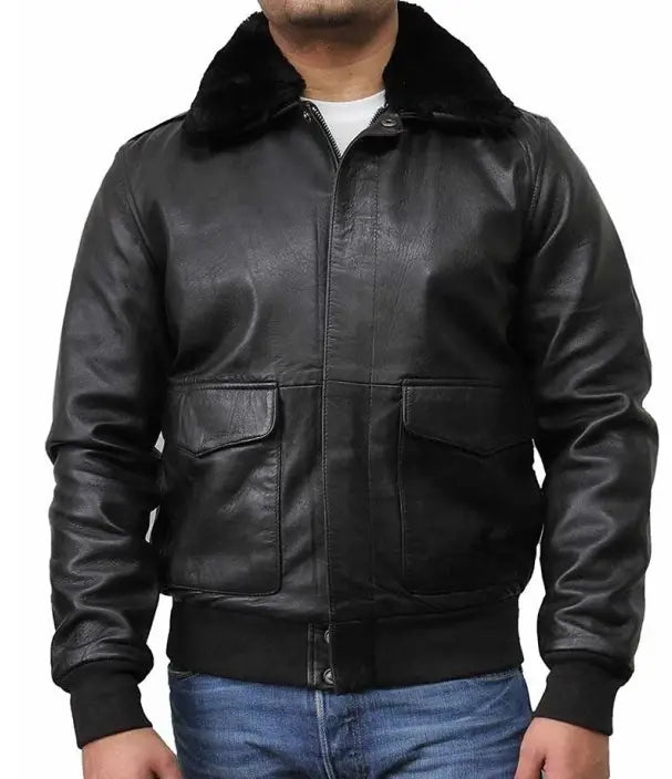 Mens Black Bomber Leather Jacket With Fur Collar