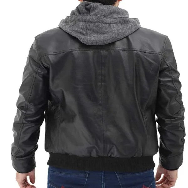Mens Black bomber leather jacket with hood