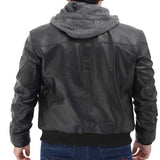 Mens Black bomber leather jacket with hood