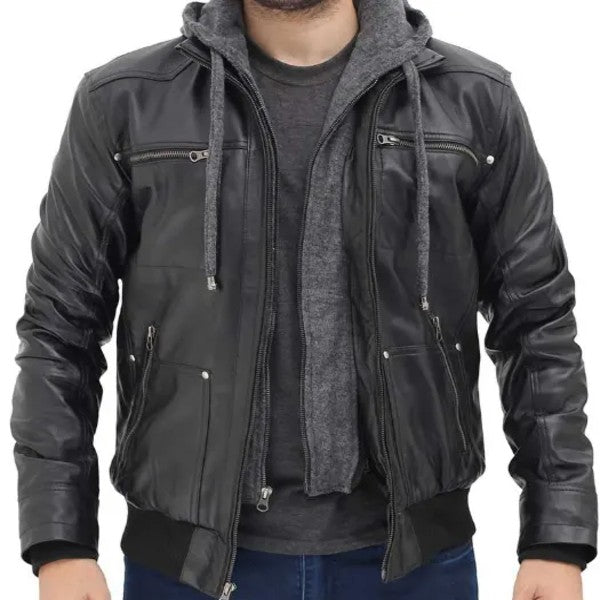 Mens Black bomber leather jacket with hood