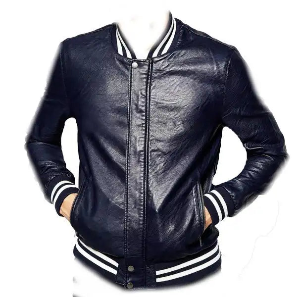 Mens Bomber Blue Leather Biker Jacket