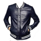 Mens Bomber Blue Leather Biker Jacket