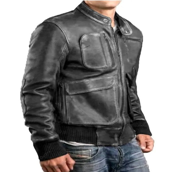 Men’s Bomber Distressed Black Retro Biker Motorcycle Genuine Leather Jacket NEW