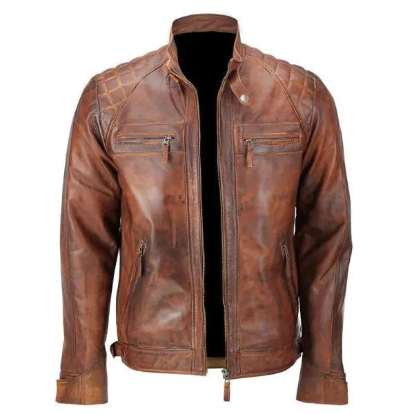 Mens Cafe Racer Brown Fear No Evil Motorcycle Biker Leather Jacket