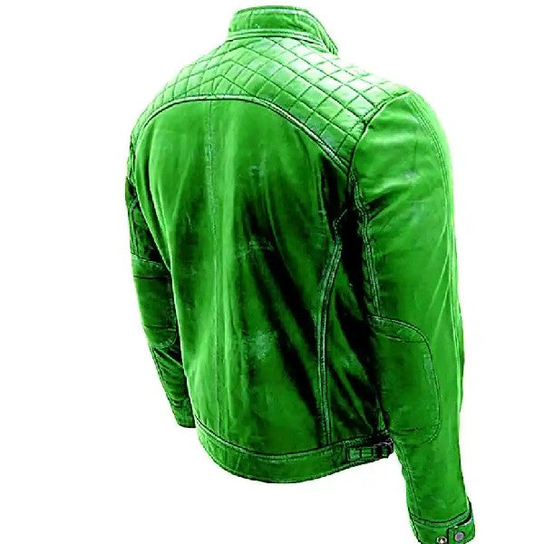 Mens Green Cafe Racer Biker Motorcycle Retro Genuine Leather Jacket