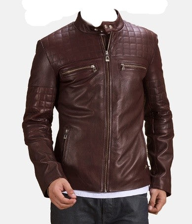 Men’s Quilted Maroon Leather Biker Jacket