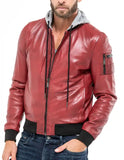 Mens Red hooded stylish bomber leather jacket