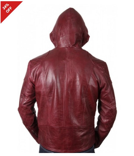 Men’s Stylish Look Burgundy Leather Hooded Jacket