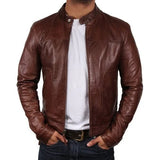 Mens brown slim fit biker motorcycle vintage cafe racer real leather jacket
