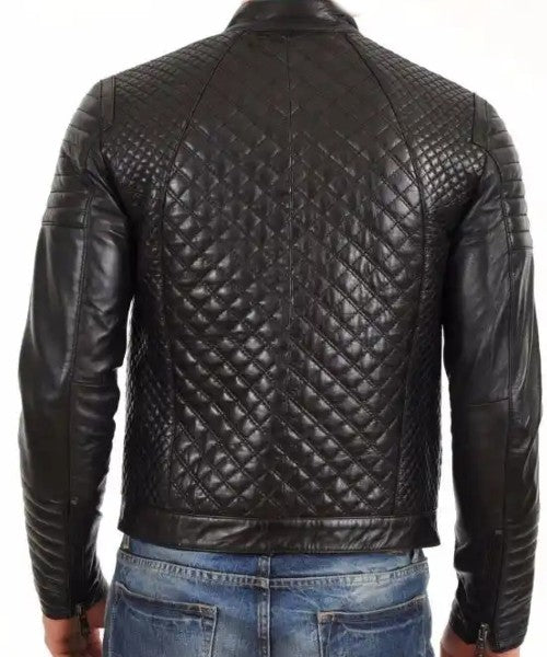 New Men’s Genuine Lambskin Black Slim fit Biker Quilted Leather Jacket