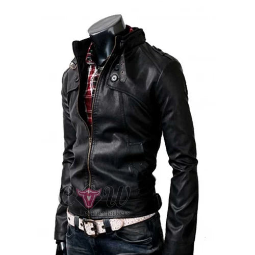 Slim Fit Button Pocket Black Zipper Leather Jacket