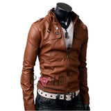 Slim Fit Button Pocket Brown Leather Jacket