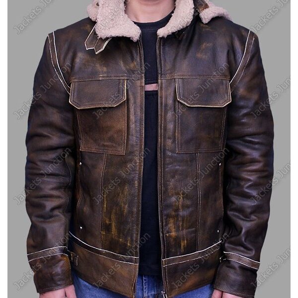 Distressed Dark Brown Leather jacket With Hoodie for mens Faux Fur
