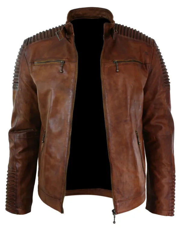 Mens Cafe Racer Brown Retro Style Motorcycle Biker Leather Jacket