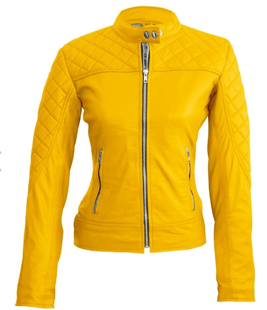 Women Yellow Quilted Leather Jacket  Women Yellow Quilted Leather Jacket
