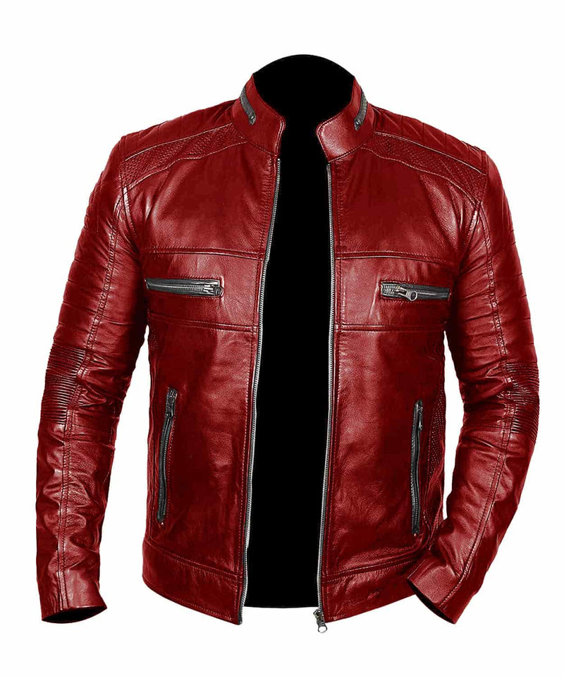 Men Red Cafe Racer Leather Jacket