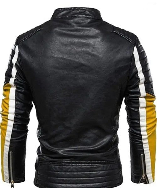 Black And Yellow slim fit biking leather jacket
