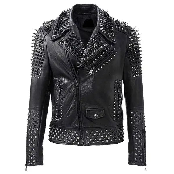 Black Leather Biker Jacket with Spikes For Men