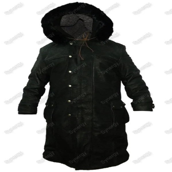 Black Leather Coat With Hoodie for mens Faux Fur