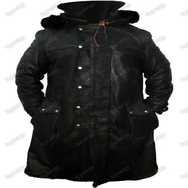Black Leather Coat With Hoodie for mens Faux Fur