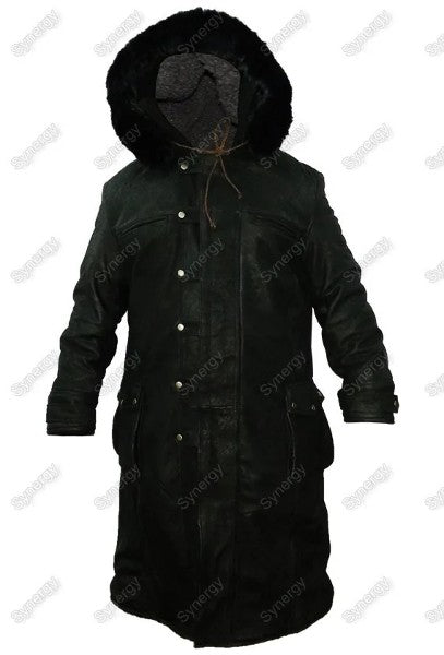 Black Leather Coat With Hoodie for mens Faux Fur