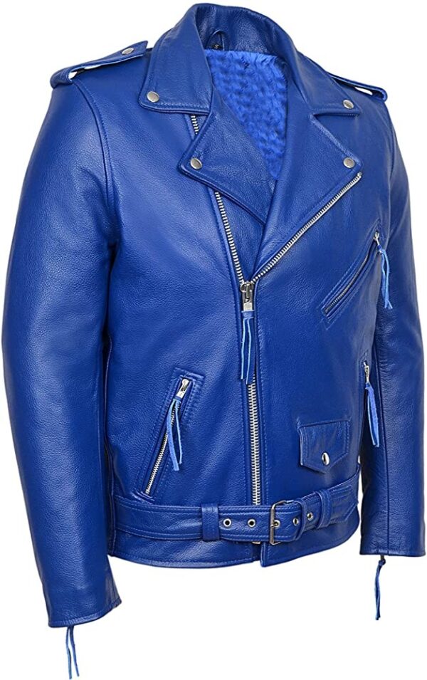 Blue Leather jacket for motorcyclist