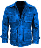 Blue Vintage Front Button Closure Leather Coat For Men