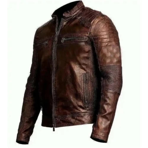 Mens Vintage Biker Motorcycle Distressed Brown Cafe Racer Genuine Leather Jacket