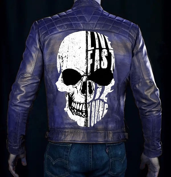 Blue Cafe Racer Jacket With Skull
