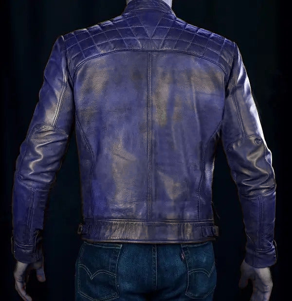 Cafe Racer Blue Leather Jacket For Men