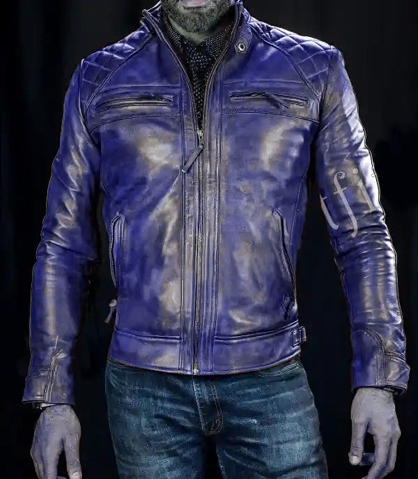 Cafe Racer Blue Leather Jacket For Men