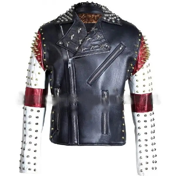 Blue Leather Mickey Mouse Jacket with Spikes For Men