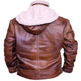 Distressed Brown Shearling Leather jacket With Hoodie for mens Faux Fur
