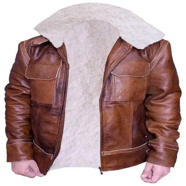 Distressed Brown Shearling Leather jacket With Hoodie for mens Faux Fur