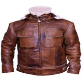 Distressed Brown Shearling Leather jacket With Hoodie for mens Faux Fur