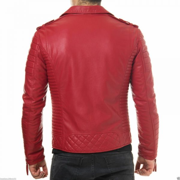 Double Breasted Mens Red Leather Biker Jacket