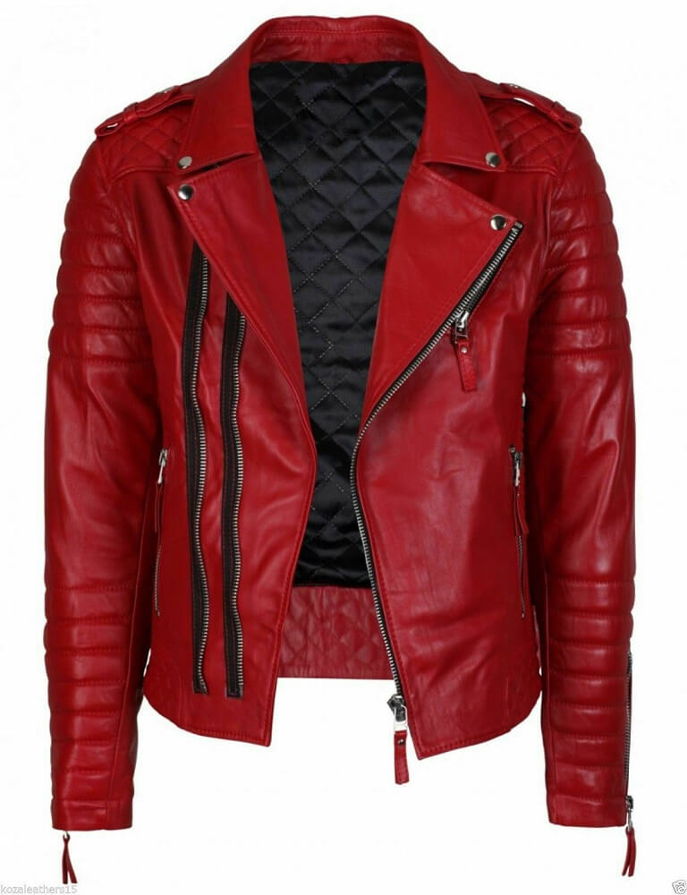 Double Breasted Mens Red Leather Biker Jacket