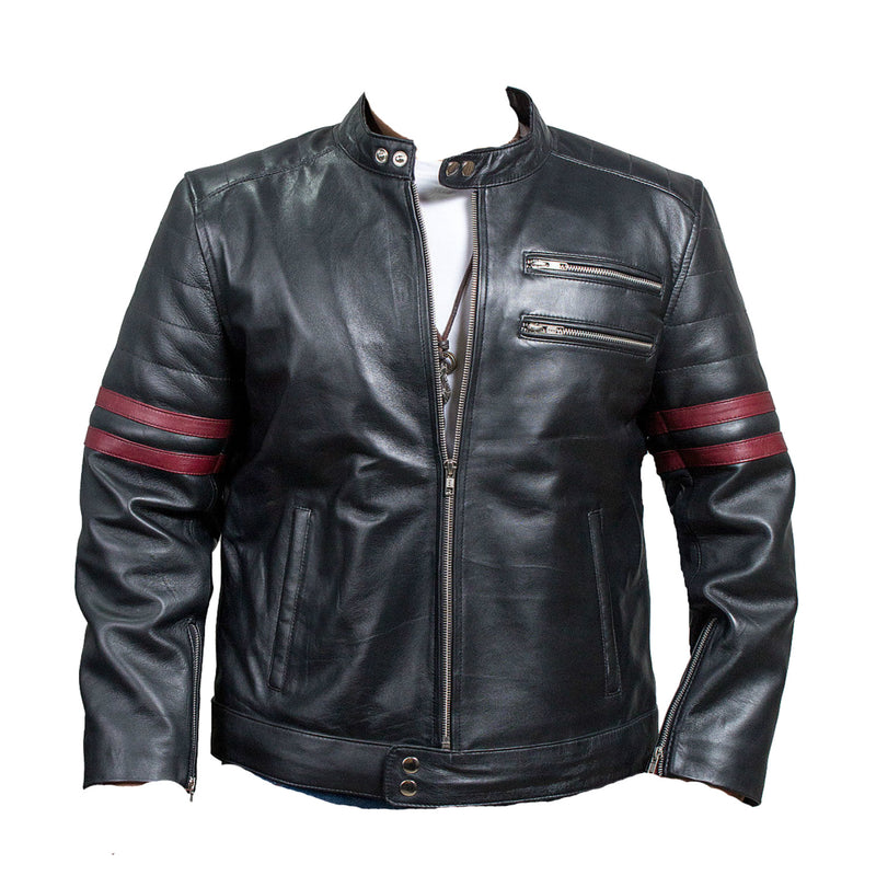 Fight Club Retro Hybrid Mayhem Red Stripe Black Mens Leather Jacket