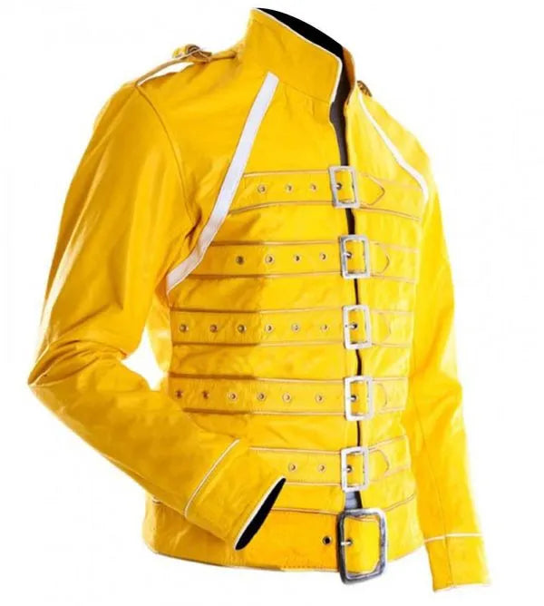 Freddie Mercury Wembley Concert Military Strap Queen Yellow Leather Biker Jacket