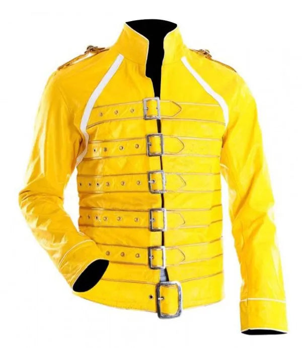 Freddie Mercury Wembley Concert Military Strap Queen Yellow Leather Biker Jacket