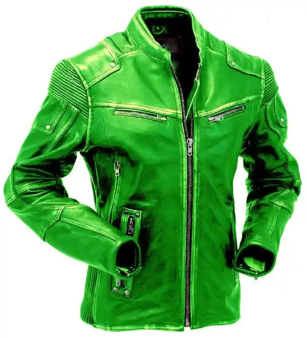 Green Motorcycle Vintage Leather Jacket With Skull