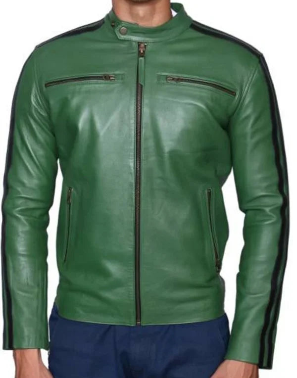 Green Motorcycle Jacket With Black stripe For Men