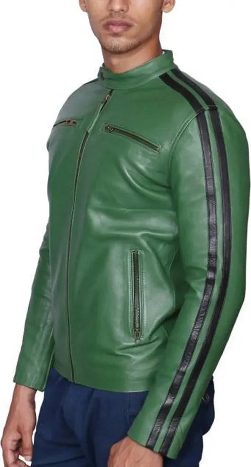 Green Motorcycle Jacket With Black stripe For Men