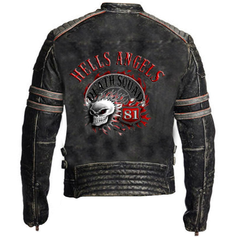 MEN RETRO HELLS ANGLES DEATH SQUAD BLACK LEATHER JACKET