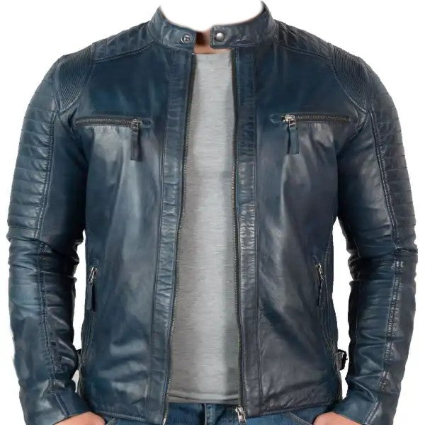 Leather Vintage Jacket Blue For Men